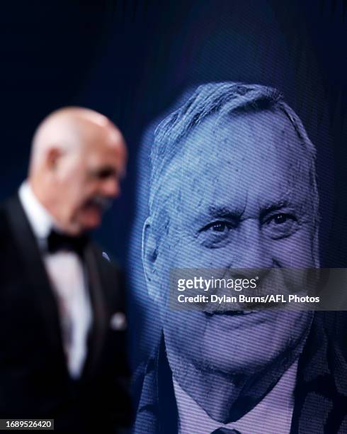 Leigh Matthews pays tribute to Ron Barassi during the 2023 Brownlow Medal at Crown Palladium on September 25, 2023 in Melbourne, Australia.