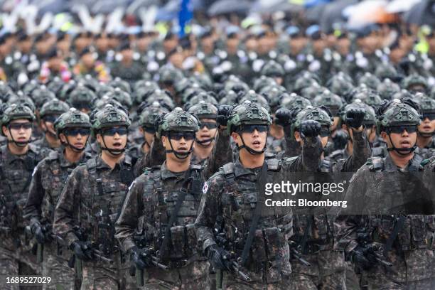 Members of the South Korean military march during a military parade in Seoul, South Korea, on Tuesday, Sept. 26, 2023. South Korea held its first...