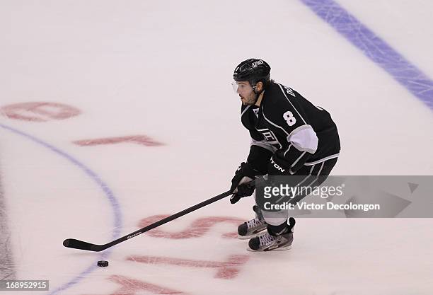 Drew Doughty of the Los Angeles Kings plays the puck through the neutral zone during Game Six of the Western Conference Quarterfinals against the St....