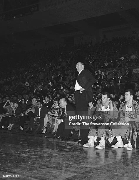 Syracuse Nationals head coach Alex Hannum looks on against the Philadelphia Warriors circa 1962 at the Onondaga War Memorial in Syracuse, New York....
