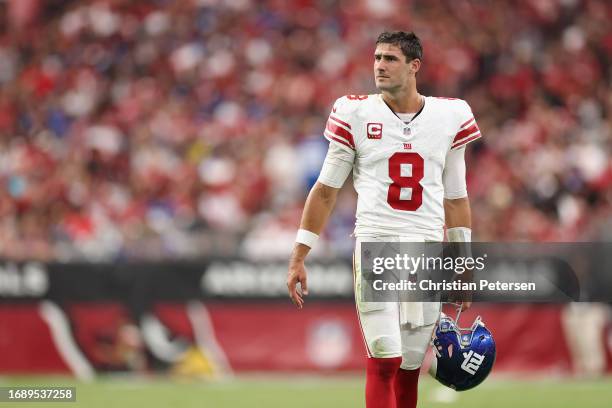 Quarterback Daniel Jones of the New York Giants during the NFL game at State Farm Stadium on September 17, 2023 in Glendale, Arizona. The Giants...