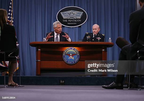 Secretary of Defense Chuck Hagel and Chairman of the Joint Chiefs of Staff Gen. Martin E. Dempsey speak during a media briefing at the Pentagon, May...