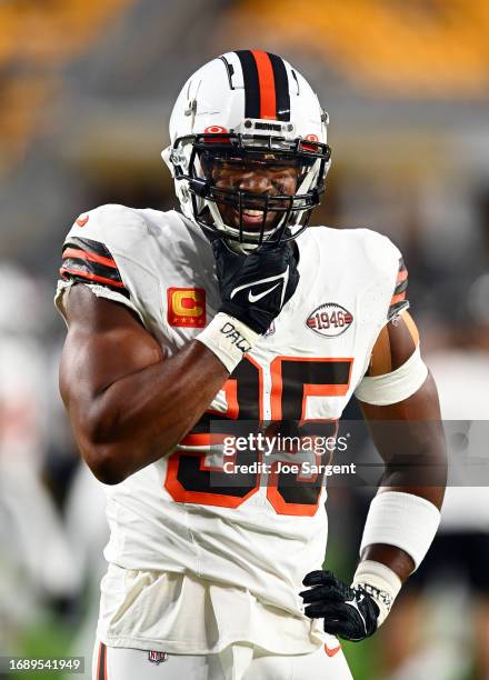 Myles Garrett of the Cleveland Browns smiles during warmups prior to the game against the Pittsburgh Steelers at Acrisure Stadium on September 18,...