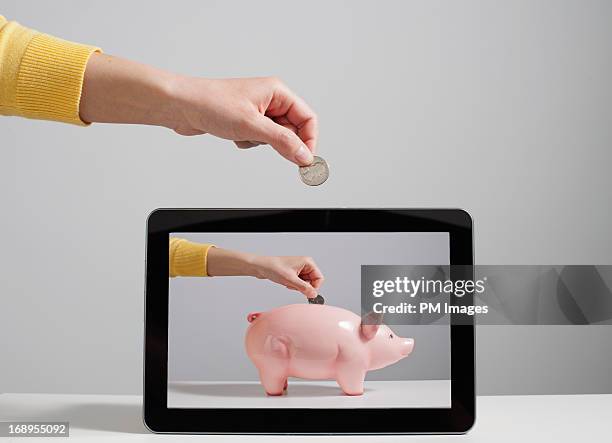 digital piggy bank - coins stockfoto's en -beelden