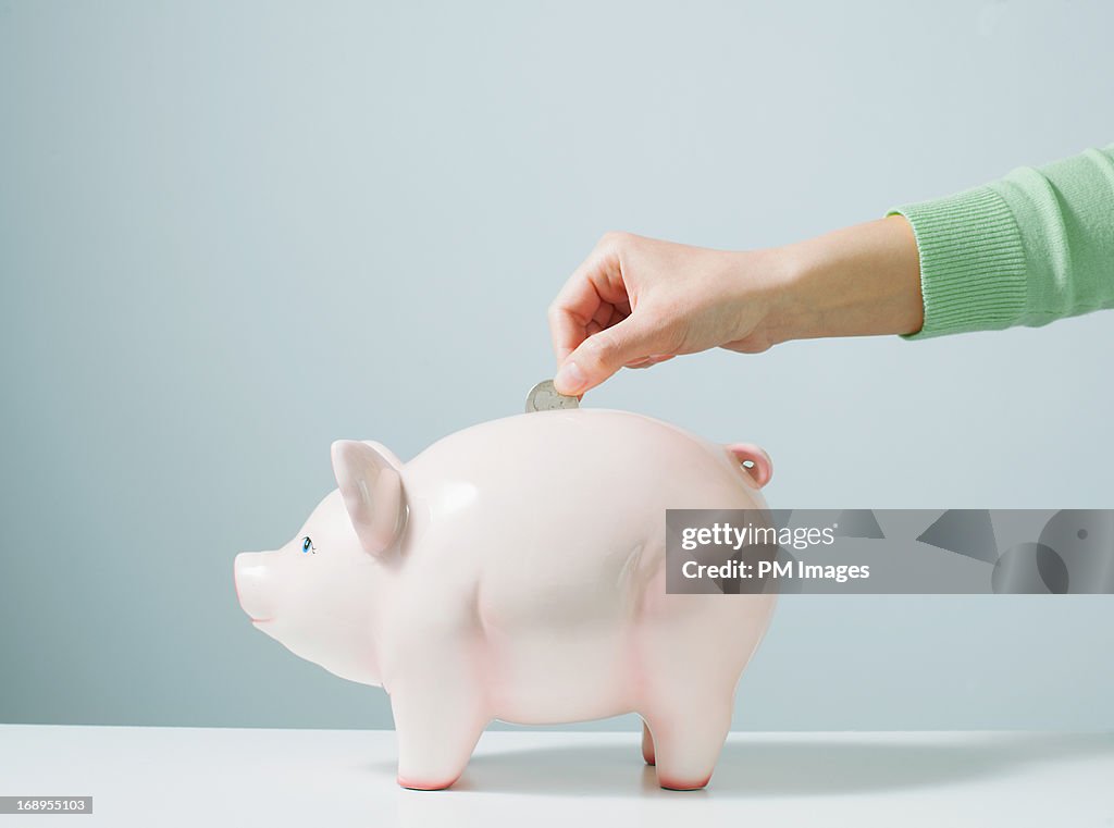 Hand placing coin in piggy bank