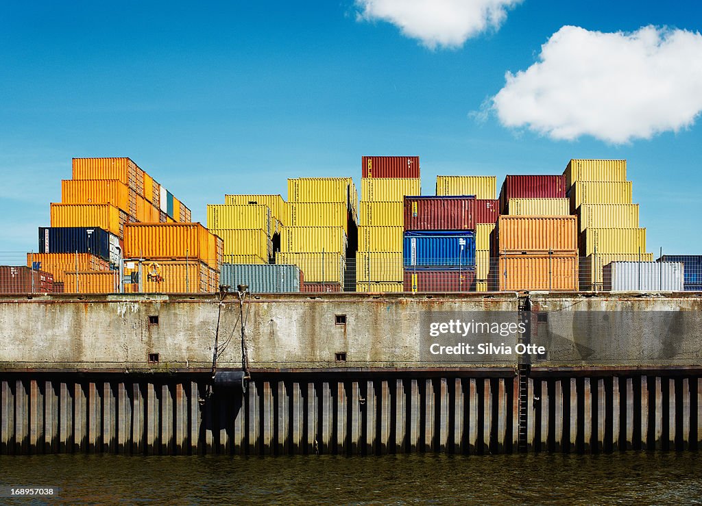 Containers stacked in Hamburg harbour