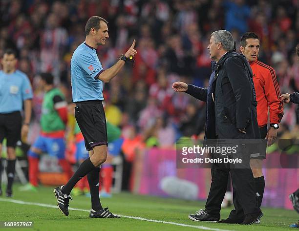 Real Madrid head coach Jose Mourinho is sent off by referee Carlos Clos Gomez during the Copa del Rey Final between Real Madrid CF and Club Atletico...