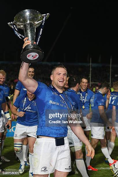 Jamie Heaslip of Leinster celebrates with the trophy after Leinster won the Amlin Challenge Cup Final match between Leinster and Stade Francais Paris...