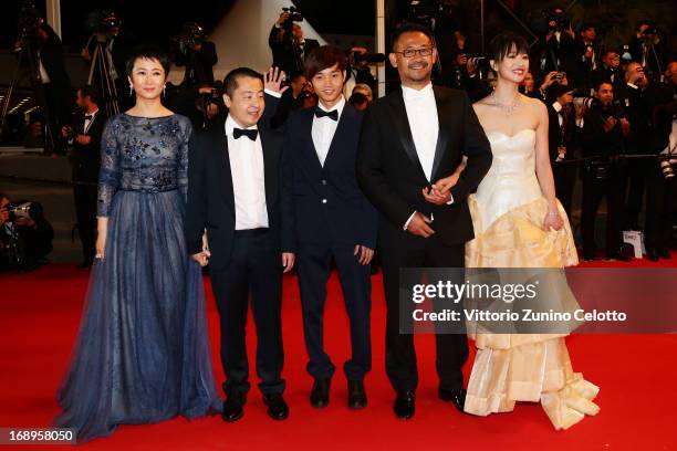 Actress Tao Zhao, director Jia Zhangke, actors Lanshan Luo and Jiang Wu, actress Meng Li attend the Premiere of 'Tian Zhu Ding' during The 66th...