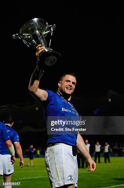 Leinster captain Jamie Heaslip celebrates after winning the Amlin Challenge Cup Final match between Leinster and Stade Francais Paris at Royal Dublin...