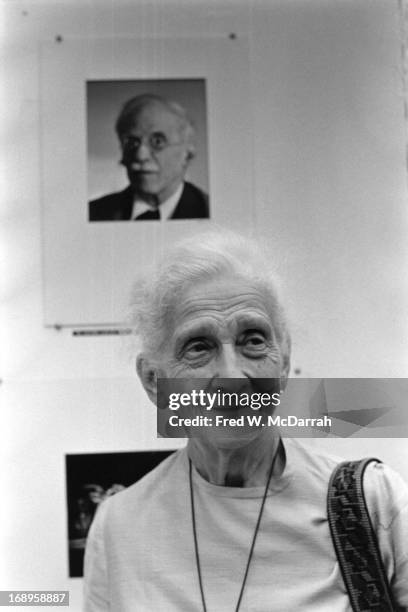 Portrait of German-born photographer Lotte Jacobi as she attends an unspecified event at the International Center of Photography, New York, New York,...