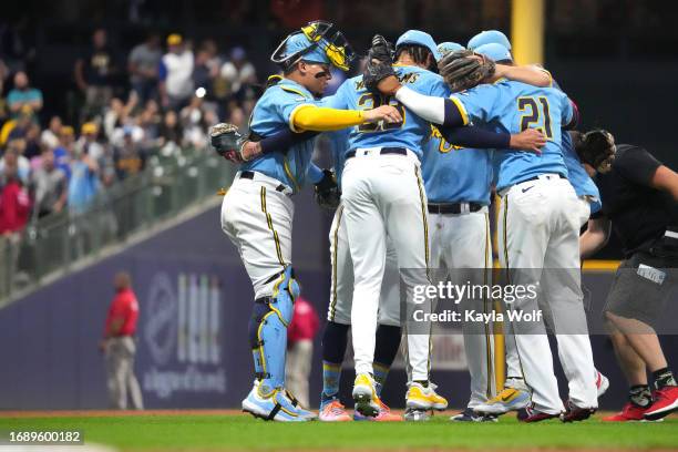 The Milwaukee Brewers celebrate their 5-3 victory over the Washington Nationals at American Family Field on September 15, 2023 in Milwaukee,...
