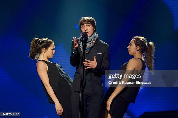 Roberto Bellarosa of Belgium performs during a dress rehearsal ahead of the finals of the Eurovision Song Contest 2013 at Malmo Arena on May 17, 2013...