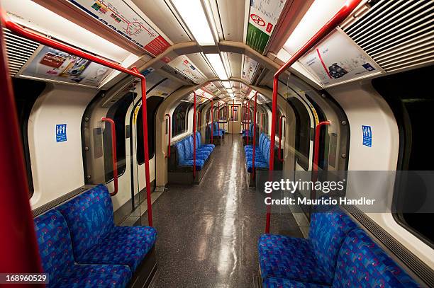 An interior view of an empty London Underground subway car. London, England.