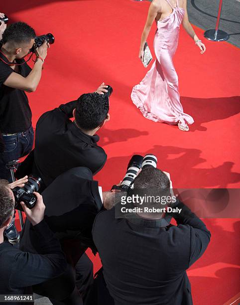 celebrity walking for paparazzi on red carpet - paparazzi photographers stockfoto's en -beelden