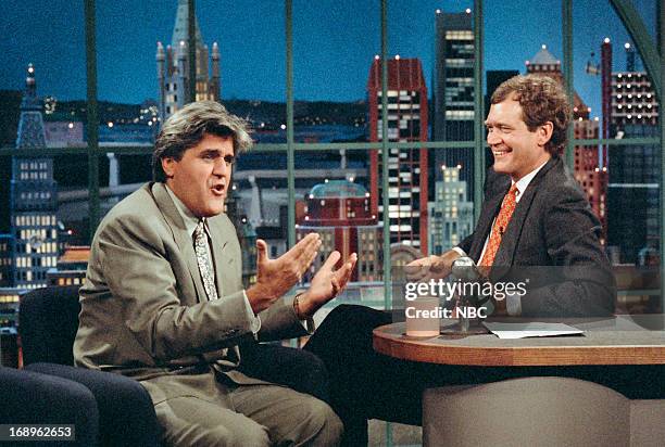 Episode 1144 -- Pictured: The new host of "The Tonight Show" Jay Leno, host David Letterman on May 7, 1992 --
