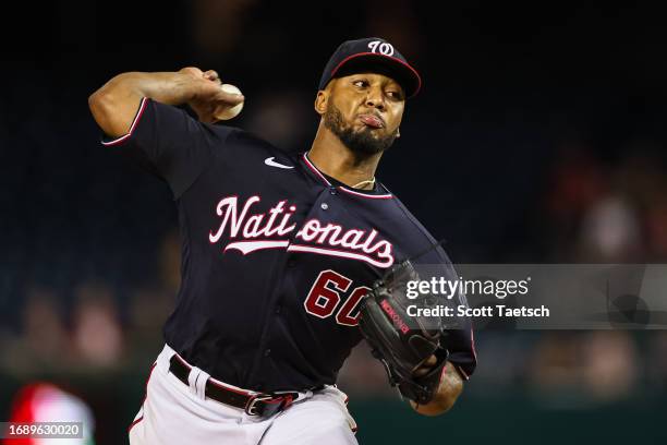 Joan Adon of the Washington Nationals pitches against the Chicago White Sox during the fifth inning at Nationals Park on September 18, 2023 in...