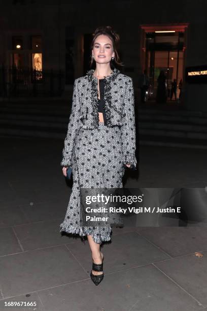 Lily James seen attending ERDEM dinner at National Portrait Gallery during London Fashion Week September 2023 on September 18, 2023 in London,...