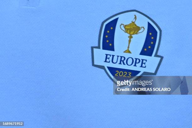 Team Europe shirt badge is pictured during the European team official team portraits taken ahead of the 44th Ryder Cup at the Marco Simone Golf and...