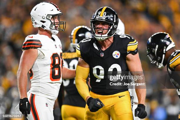 Watt of the Pittsburgh Steelers celebrates a tackle against the Cleveland Browns during the first quarter at Acrisure Stadium on September 18, 2023...