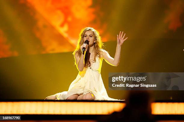Emmelie de Forest of Denmark performs during a dress rehearsal ahead of the finals of the Eurovision Song Contest 2013 at Malmo Arena on May 17, 2013...