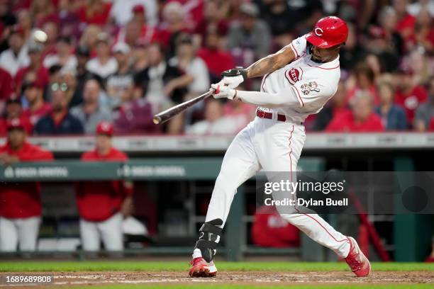 Will Benson of the Cincinnati Reds hits a home run in the fourth inning against the Minnesota Twins at Great American Ball Park on September 18, 2023...