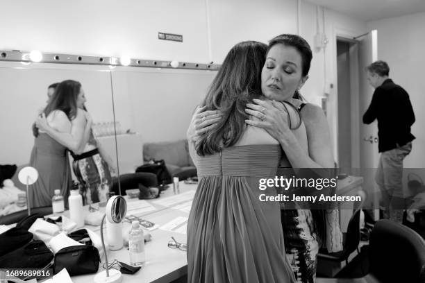 Donna Murphy and Bellamy Young prepare backstage during the 9th Annual "Voices: Stars For Foster Kids" Benefit Concert hosted by You Gotta Believe at...