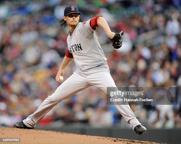 Clay Buchholz of the Boston Red Sox delivers a pitch against the Minnesota Twins during the first inning of the game on May 17, 2013 at Target Field...