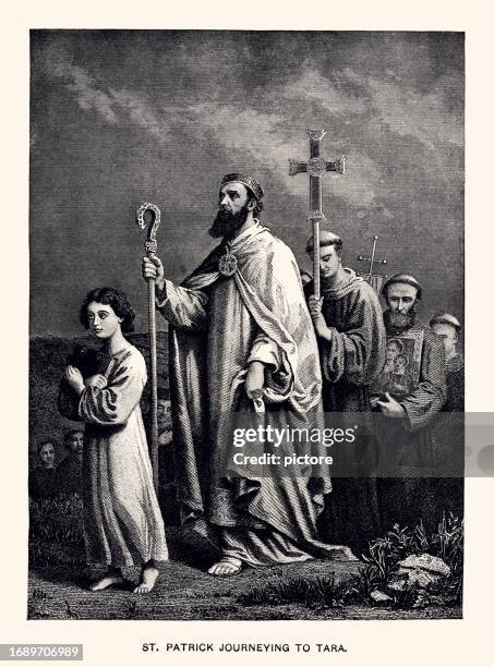st. patrick journeying to tara, ireland (xxxl with many details) - artifact icon stock illustrations