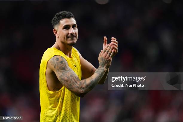 Jose Maria Gimenez centre-back of Atletico de Madrid and Uruguay celebrates victory after the LaLiga EA Sports match between Atletico Madrid and Real...