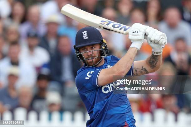 England's Phil Salt watches the ball after playing a shot during the third one-day international cricket match between England and Ireland at Bristol...