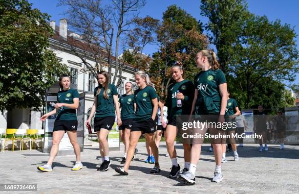 Budapest , Hungary - 26 September 2023; Republic of Ireland players, from left, Lucy Quinn, Megan Walsh, Louise Quinn, Lily Agg, Chloe Mustaki and...
