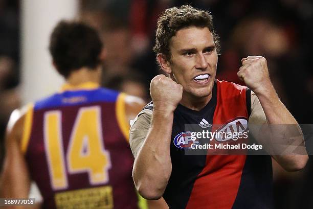 Heath Hocking of the Bombers celebrates a goal during the round eight AFL match between the Essendon Bombers and the Brisbane Lions at Etihad Stadium...