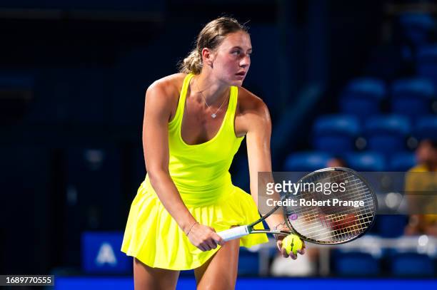 Marta Kostyuk of Ukraine in action against Daria Kasatkina in the first round on Day 2 of the Toray Pan Pacific Open at Ariake Coliseum on September...