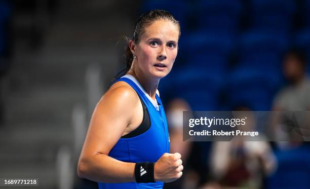 Daria Kasatkina in action against Marta Kostyuk of Ukraine in the first round on Day 2 of the Toray Pan Pacific Open at Ariake Coliseum on September...