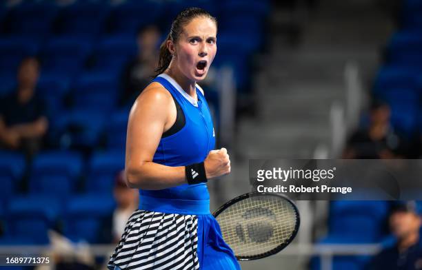 Daria Kasatkina in action against Marta Kostyuk of Ukraine in the first round on Day 2 of the Toray Pan Pacific Open at Ariake Coliseum on September...