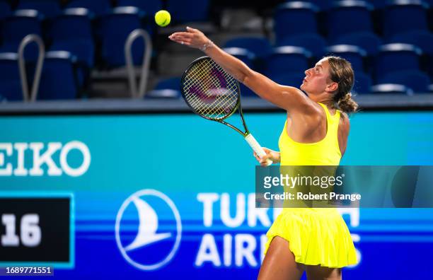 Marta Kostyuk of Ukraine in action against Daria Kasatkina in the first round on Day 2 of the Toray Pan Pacific Open at Ariake Coliseum on September...