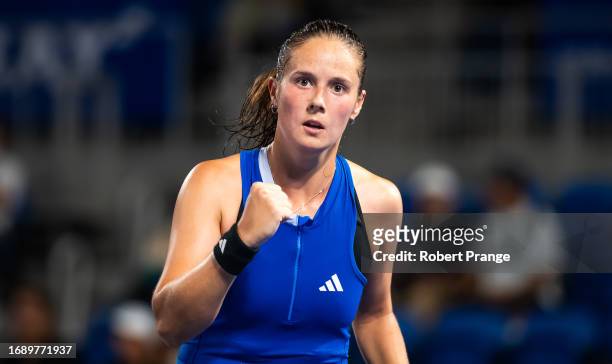 Daria Kasatkina in action against Marta Kostyuk of Ukraine in the first round on Day 2 of the Toray Pan Pacific Open at Ariake Coliseum on September...