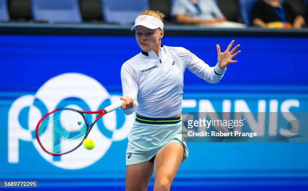 Harriet Dart of Great Britain in action against Veronika Kudermetova in the first round on Day 2 of the Toray Pan Pacific Open at Ariake Coliseum on...