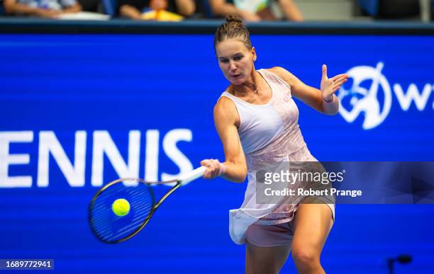 Veronika Kudermetova in action against Harriet Dart of Great Britain in the first round on Day 2 of the Toray Pan Pacific Open at Ariake Coliseum on...