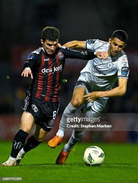 Dublin , Ireland - 25 September 2023; Jordan Flores of Bohemians in action against Shane Griffin of Shelbourne during the SSE Airtricity Men's...