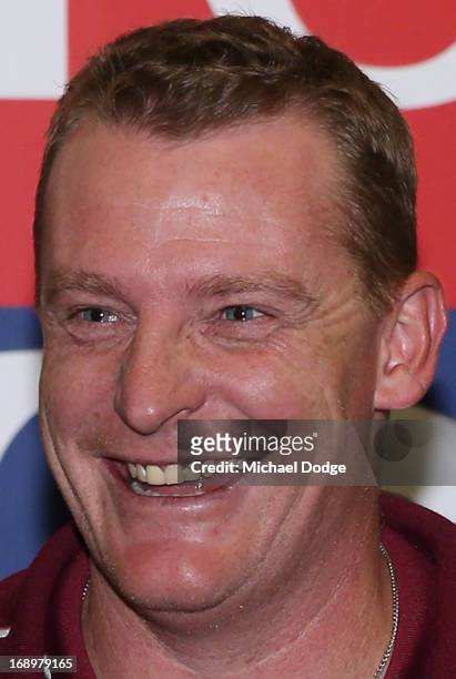 Lions coach Michael Voss celebrates the win during the round eight AFL match between the Essendon Bombers and the Brisbane Lions at Etihad Stadium on...