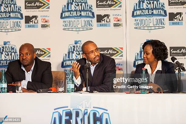 Alex Okosi, Desmond Golding and Ms Phindile Ngcobo at the press conference for the MTV Africa All Stars Concert on May17, 2013 in Durban, South...