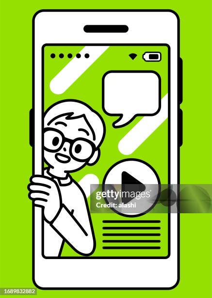 a boy with horn-rimmed glasses, looking out of a smartphone screen at the viewer, seems to be leaving the phone, digital detox, or recommending courses to the audience, minimalist style, a black and white outline - naughty in class stock illustrations