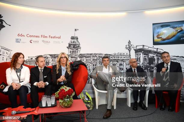 Elena Romanova , Tiziana Rocca , Riccardo Monti listen to Mario Sesti during the Taromina Film Festival Presentation at The 66th Annual Cannes Film...