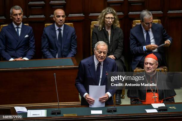 Gianni Letta delivers his speech during the funeral ceremony of the former Italian president Giorgio Napolitano at the Chamber of deputies, on...