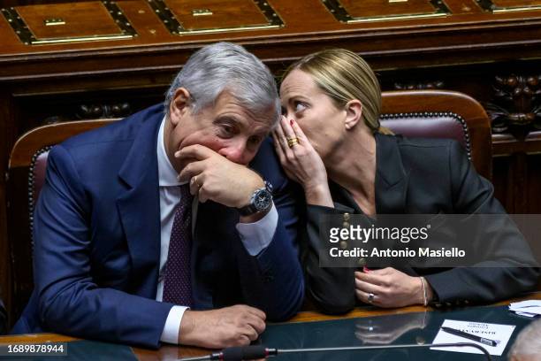 Italian Minister of Foreign Affairs Antonio Tajani and Italian Prime Minister Giorgia Meloni attend the funeral ceremony of the former Italian...