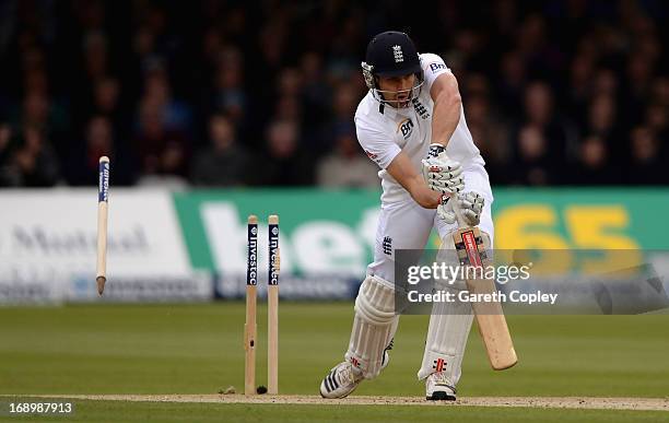 Nick Compton of England is bowled by Neil Wagner of New Zealand during day three of 1st Investec Test match between England and New Zealand at Lord's...