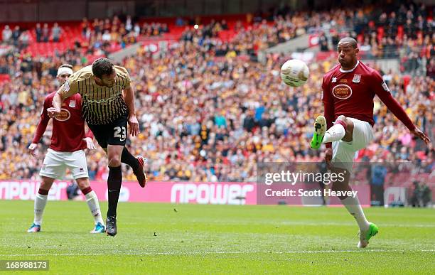 Rory McArdle of Bradford scores their second goal during the npower League Two Play Off Final between Bradford City and Northampton Town at Wembley...