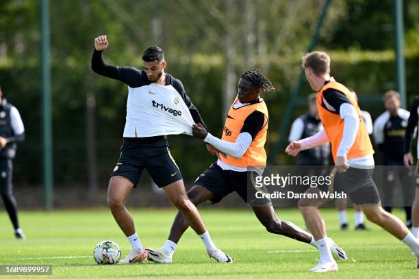 Armando Broja and Lesley Ugochukwu of Chelsea during a training session at Chelsea Training Ground on September 26, 2023 in Cobham, England.